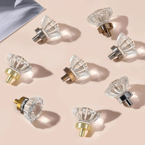 Crystal Cabinet Knobs 8 Pack Antique Brass Bronze Small Pulls with Clear Crystals arranged on a beige surface