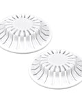 White Two Pack Bathroom Sink Hair Catcher With Heavy Duty Suction Cup For Pop Up Drains And One Inch Stopper on a white background.