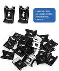Pile of black U-nuts for 120 Go-To M4.2 Universal Fender Liner Kit with compatibility text for GM, Ford, Chrysler