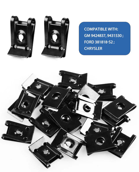 Pile of black U-nuts for 120 Go-To M4.2 Universal Fender Liner Kit with compatibility text for GM, Ford, Chrysler