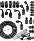 Pro Grade 26 Ft AN6 PTFE Fuel Line Kit With Nylon Stainless Braided Hose For LS Swap EFI E85, fittings, clamps, tools visible.