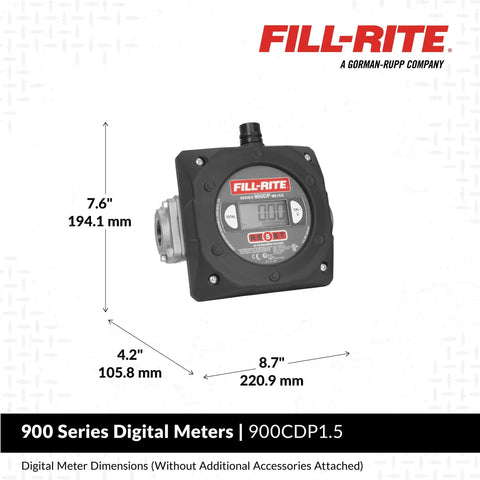 1-1/2 Inch Digital Nutating Disc Fuel Transfer Meter with Pulse Output showing dimensions and specifications