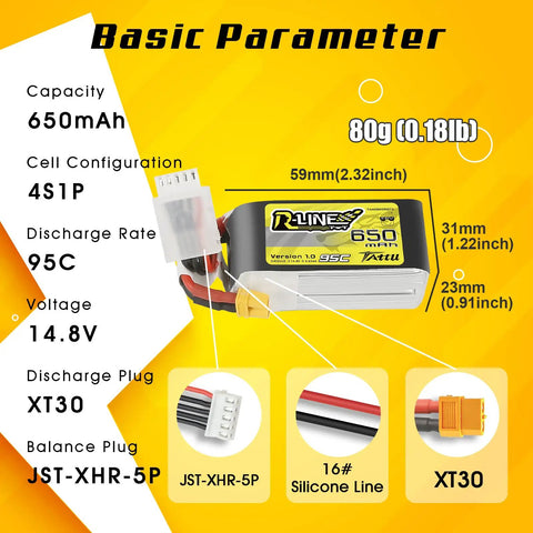 Diagram of 4S LiPo Battery 650mAh 14.8V 95C With XT30 Plug For FPV Drones showing dimensions and plug types