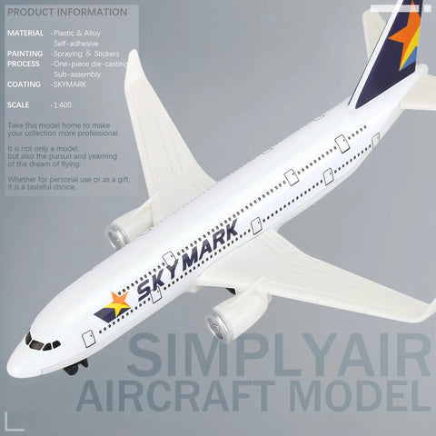 Skymark 1 By 400 Airplane Model Kit For Display, close-up of white alloy model with plastic base, no assembly, side view