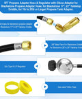 Five Foot Propane Adapter Hose With Regulator And 90 Degree Elbow For Tabletop Griddles Connects 1lb To 40lb Tanks Fits 17 To 36 Inch Griddles And Outdoor Grills So You Never Run Out Of Gas, shown with components and fittings.