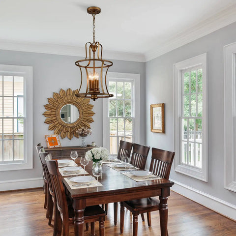 Dining room with Modern Lantern Pendant Light With Four Lights In A Rusty Gold Finish, adjustable height ceiling fixture