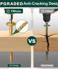 Comparison of Premium Grade Structural Lag Screws Three Eighth By Six Inch with anti-cracking design vs cracked wood when using other screws.