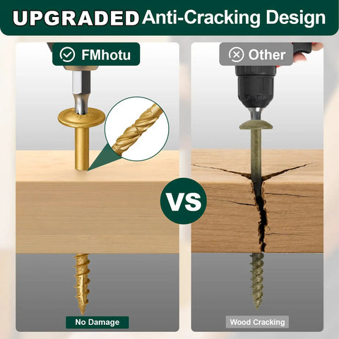 Comparison of Premium Grade Structural Lag Screws Three Eighth By Six Inch with anti-cracking design vs cracked wood when using other screws.
