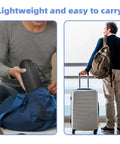 Man placing Adjustable Memory Foam Airplane Foot Hammock Rest For Long Flights into travel bag, traveler with luggage at airport.