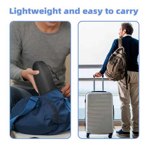 Man placing Adjustable Memory Foam Airplane Foot Hammock Rest For Long Flights into travel bag, traveler with luggage at airport.