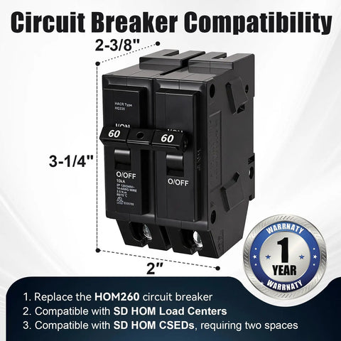 Heavy Duty 60 Amp Double Pole Circuit Breaker Direct Fit Replacement For SD Hom260 Load Center with clear compatibility marking.