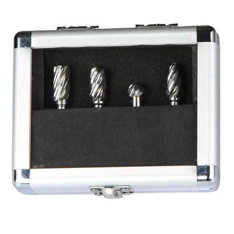 Carbide Rotary Burr Set For Aluminum And Nonferrous Metals, One Quarter Inch Shank, 4 Pack in a protective case