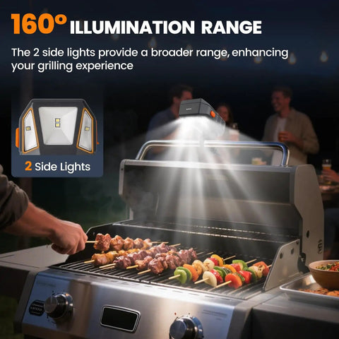 Grill Light For Blackstone Griddle And Weber Grill illuminating a barbecue with 160-degree beam and two side lights.