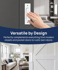 Heavy Duty Aluminum Flush Pulls 2 Pack Recessed Sliding Door Handles With Mounting Screws Barn Closet And Cabinet Drawer Knobs Super Quick Install Pocket Door Hardware Fresh White Finish 5.9 Inch on a door with hand touching.