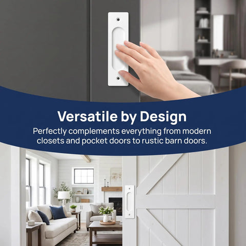 Heavy Duty Aluminum Flush Pulls 2 Pack Recessed Sliding Door Handles With Mounting Screws Barn Closet And Cabinet Drawer Knobs Super Quick Install Pocket Door Hardware Fresh White Finish 5.9 Inch on a door with hand touching.