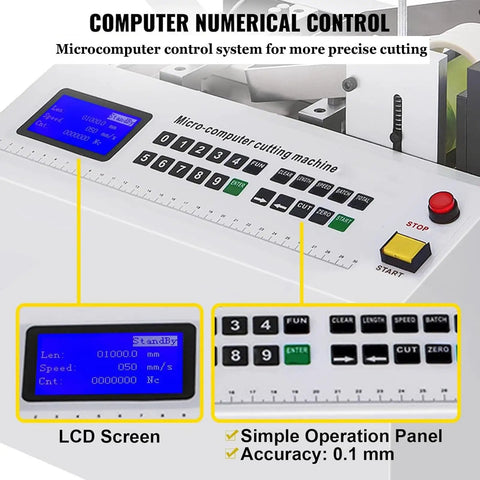 Uwytgf 650W Automatic Heat Shrink Tube Cutter Machine For Fast And Precise Cutting Of Rubber Plastic Sleeves Up To 180Mm Wide showing control panel and LCD screen.