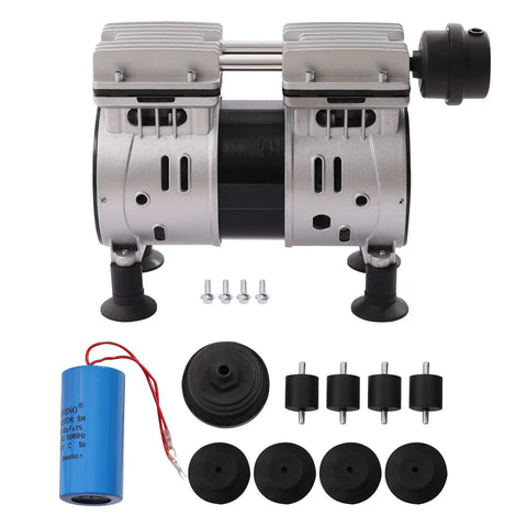 Heavy Duty Dual Cylinder Oil Free Vacuum Pump With Slick 110V Copper Motor 1440RPM components including base and accessories.