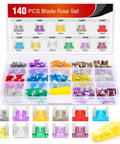 140 Pcs Low Profile Mini Blade Fuse Assortment Kit With Transparent Housing For Cars Trucks Suvs And Rv displays assorted fuses and puller.