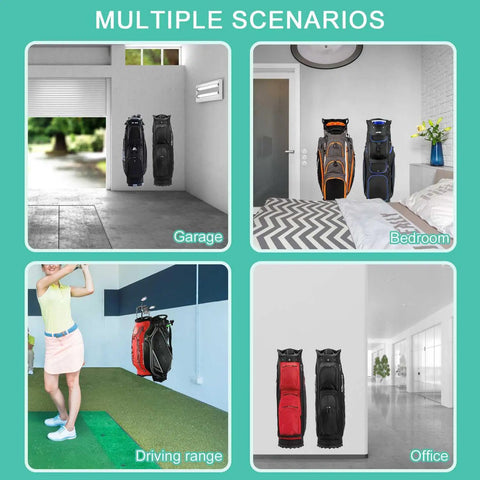 Wall Mounted Golf Bag Rack For Two Bags Space Saving Garage Organizer With Heavy Duty Welded Joints And Locking Bracket in various settings
