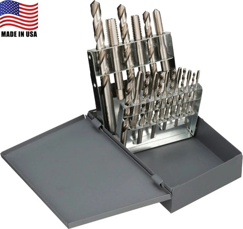 HT18 Jobber Drill And Plug Hand Tap Set Fractional 18 Piece Kit for metalworking, drills and taps in steel case, made in USA.