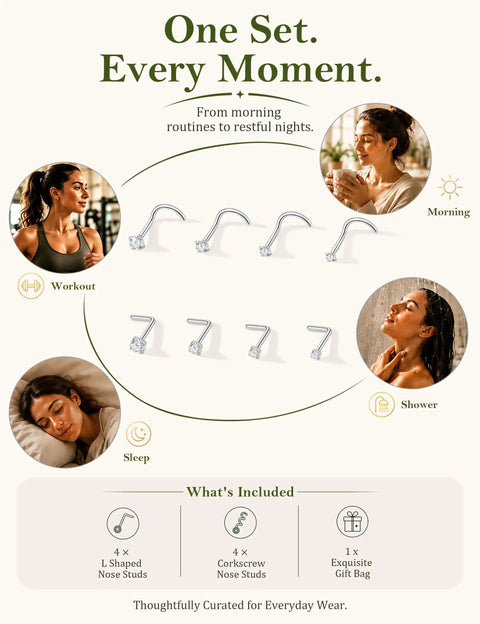 18G Titanium Nose Studs And Rings For Women And Men Includes L Shape And Corkscrew Styles, shown in different daily scenarios.