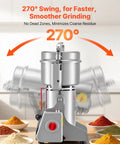 Electric Grain Mill Grinder 750g Capacity High Speed 2000W Commercial Pulverizer showcasing 270° swing with spices