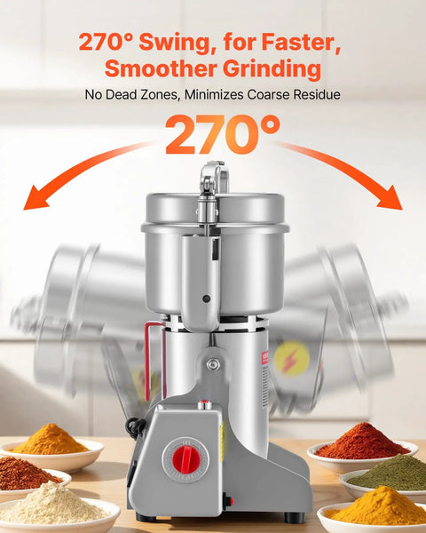 Electric Grain Mill Grinder 750g Capacity High Speed 2000W Commercial Pulverizer showcasing 270° swing with spices