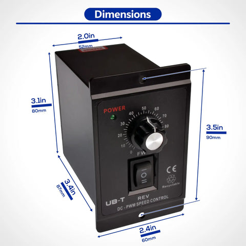 DC 12V-60V 20A PWM Brushed Motor Speed Controller with Forward and Reverse, compact black design, shown with dimensions