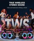 IPX67 Waterproof Bluetooth Speaker With 80W Peak Power Deep Bass And LED Lights Outdoor Portable Party Speaker With 20 Hours Playtime Bluetooth Five Three TWS and people dancing.