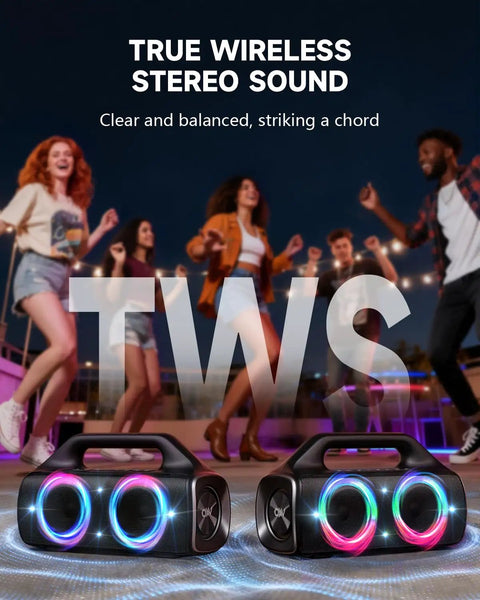 IPX67 Waterproof Bluetooth Speaker With 80W Peak Power Deep Bass And LED Lights Outdoor Portable Party Speaker With 20 Hours Playtime Bluetooth Five Three TWS and people dancing.