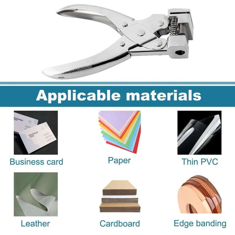 Heavy Duty T Slot Hole Punch Handheld Cutter showing applicable materials: business cards, paper, thin PVC, leather, cardboard, edge banding.