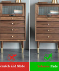 Comparison of furniture with and without Non Slip Furniture Pads Set 38 Pcs 1 2 3 Inch Self Adhesive Rubber Feet installed on hardwood floor.