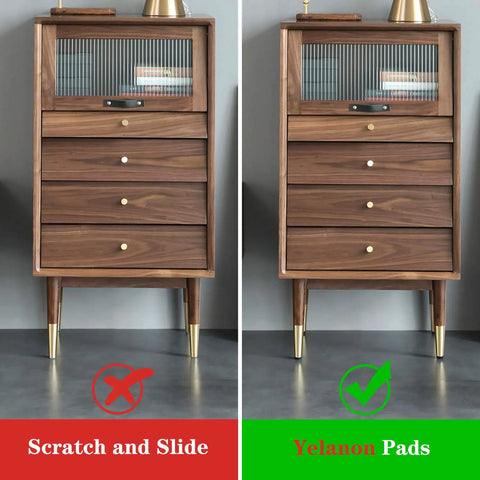 Comparison of furniture with and without Non Slip Furniture Pads Set 38 Pcs 1 2 3 Inch Self Adhesive Rubber Feet installed on hardwood floor.