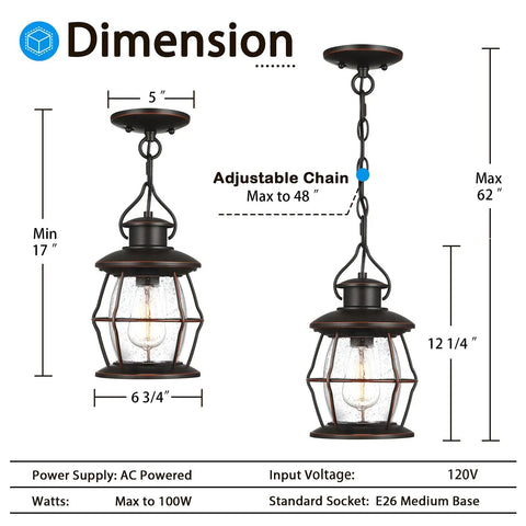 Outdoor Pendant Light For Porch And Patio, Farmhouse Exterior Hanging Fixture With Adjustable Chain dimensions