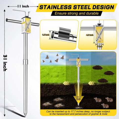 Stainless Steel Gopher And Mole Bait Applicator For Lawns And Yards with 31-inch depth measurement and non-clogging design.