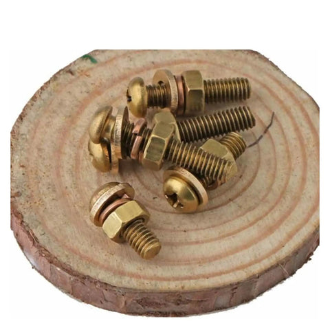 Premium Brass Screw Nut Kit Featuring Pan Head Phillips Fasteners With Washers For Metalworking Projects In M3 To M6 Sizes on wooden base.