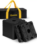 Park Your Trailer Crisp And Level Without The Hassle Using These Heavy Duty Stackable RV Leveling Blocks And Jack Support Pads. Black plastic leveling blocks with bag.