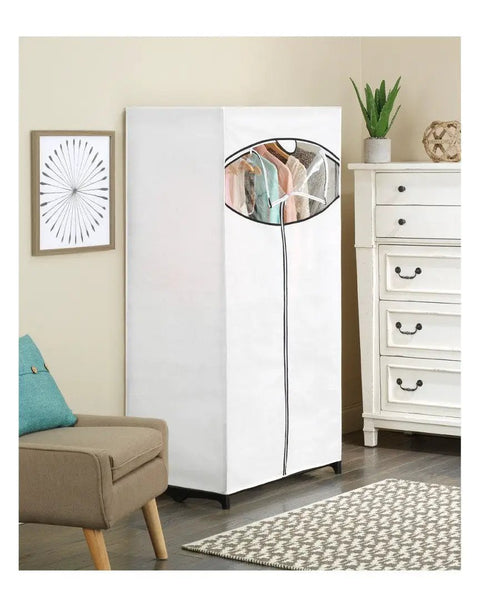 36 Inch Portable Clothes Closet With Durable Fabric Cover Space Saver, Easy Freestanding Wardrobe Organizer in a living room.