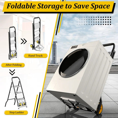 2 In 1 Folding Hand Truck And 3 Step Ladder Portable Dolly Cart For Easy Hauling And Reaching High Places Built With Durable Steel Frame Foldable Design Locking Steps And Smooth Rolling Casters For Home Or Jobsite Use, folded and open views