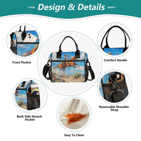 Desert Cooler Lunch Bag With Insulated Tote featuring front pocket, comfort handle, stretch pockets, and removable shoulder strap.