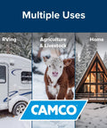 12 Foot Heated RV Water Hose With Freeze Protection Down To Minus Twenty Degrees Fahrenheit Energy Saving Thermostat NSF Certified Drinking Water Safe End To End Adapter Included For Quick Hookups On The Road showing RV, cow, and home in snow.