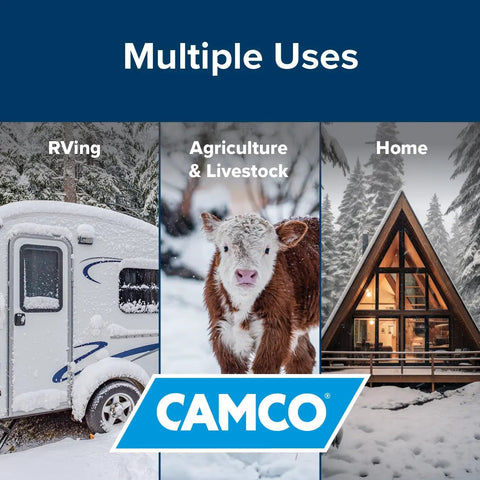 12 Foot Heated RV Water Hose With Freeze Protection Down To Minus Twenty Degrees Fahrenheit Energy Saving Thermostat NSF Certified Drinking Water Safe End To End Adapter Included For Quick Hookups On The Road showing RV, cow, and home in snow.