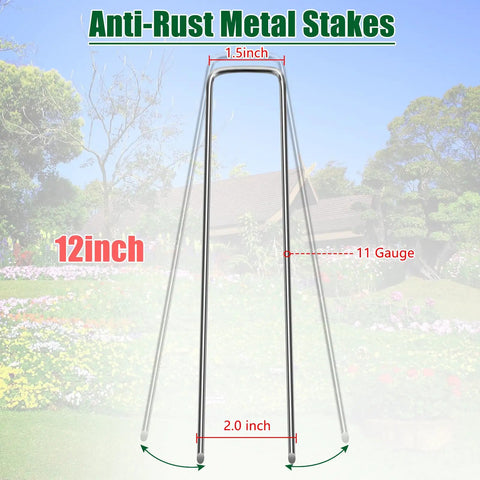 Image of 12 Inch Galvanized Landscape Staples Stakes For Weed Barrier Fabric And Garden Projects, shown with size dimensions.