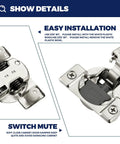 Satin Nickel Soft Close Cabinet Hinges Half Inch Overlay 60 Pack showing installation details and components.
