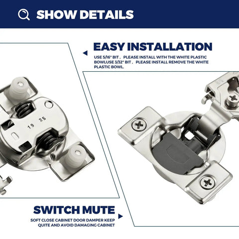 Satin Nickel Soft Close Cabinet Hinges Half Inch Overlay 60 Pack showing installation details and components.