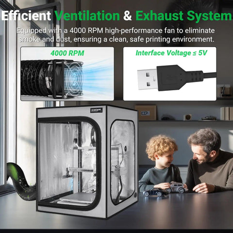 3D Printer Enclosure With Built In Ventilation Kit For Bambu Lab A1 And A1 Mini Combo Fireproof Dustproof Constant Temp Cover With AMS LED Light 520x600x700mm shown with family setting and ventilation system