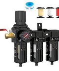 Three Stage Air Drying System for 1/2 Inch NPT Air Compressors, Includes 5 Micron Brass Filter, 0.5 Micron Fiber, 0.01 Micron Filter Cartridges