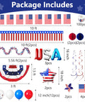 All American Patriotic Parade Decor Kit With 46 Pieces For 4th Of July Celebrations layout showing various red, white, and blue decorations.