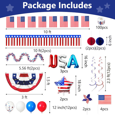 All American Patriotic Parade Decor Kit With 46 Pieces For 4th Of July Celebrations layout showing various red, white, and blue decorations.