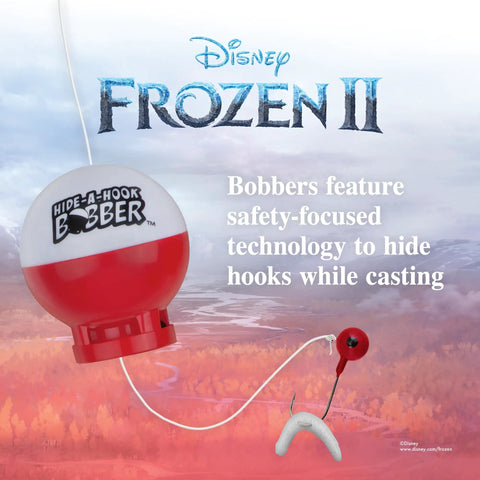 Frozen Themed Kids Fishing Set bobber with safety hook hiding technology, featuring Disney Frozen II design, kid-friendly gear